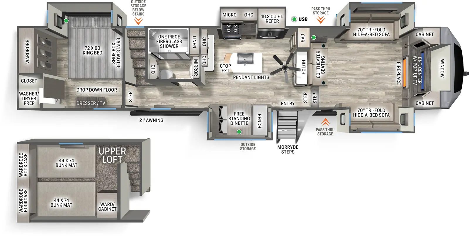 The Sierra Fifth Wheels 3990FL floorplan has one entry and five slide outs. Exterior features include: fiberglass exterior and 21' awning. Interiors features include: loft, kitchen island, free-standing dinette option, rear bedroom and front living.